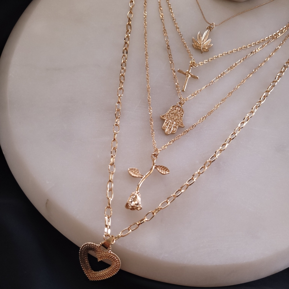 Rose Hamsa maryjane layered necklace